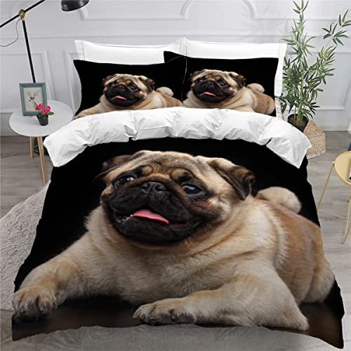 VASENA Bettwäsche 155x220 Mops Bettbezug 3D Druck flauschig Hypoallergen Bettwäsche-Set 3Teilig Teenager Jungen Mädchen Mikrofaser Hund Tier Schwarz Betten Set