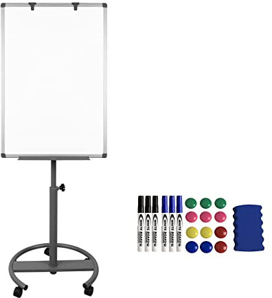 Froadp Tableau Blanc Magnétique Mobile Whiteboard avec Roulettes Réglable en Hauteur 90x60cm Chevalet Effaçable à Sec Incl. Crochet, Stylo Marqueur, Porte-Stylo, Aimants, Gomme (Type A)