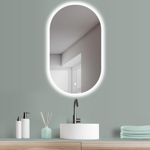 HOKO® LED Spiegel oval 50 x 90 cm. HOCH + QUER Montage. Badezimmer Spiegel aussen LED beleuchtet, ideal als Schminktisch Spiegel. + Touch Schalter + LED Licht Wechsel - Warmweiß - Kaltweiß - Neutral