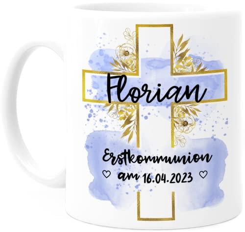Tassenliebling® Kommunion Tasse personalisiert mit Datum und Namen für Mädchen und Jungen - Weiß - Beidseitiger Druck - Christliche Geschenke zur Erstkommunion