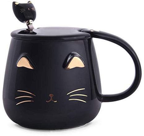 Cute Cat Mugs Cat Coffee Mug Set with lid and Lovely Kitty Spoon Novelty Morning Tea Milk Mug Set for Cat Lovers Girls Women Christmas Birthday Gift 400ML/14oz (Black)