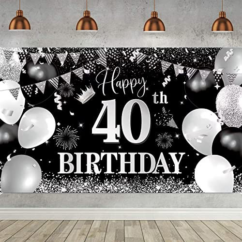 40. Geburtstag Banner Schwarz Silber, Geburtstagsbanner für Männer und Frauen, Hintergrund Banner für 40 Jahre Party Deko