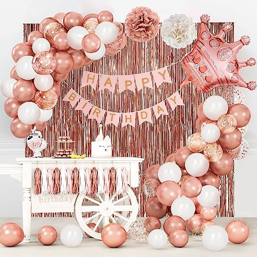 LUOBITO Rose Gold Geburtstag Party Deko für Frauen Mädchen, Luftballons Geburtstag Dekoration Set mit Happy Birthday Girlande, Hintergrund Tassel, Konfetti Ballons