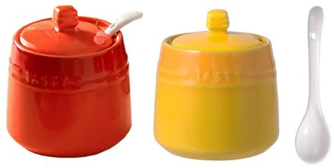 2pcs Salt Cellar Set, Ceramic Salt Cellar with Lid & Spoon,Sugar Bowl,Salt and Pepper Shaker Set Spice Jars for Kitchen Storage(Orange Yellow)