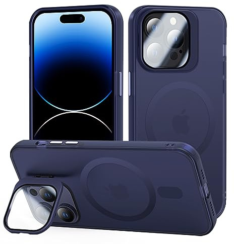 tigratigro Cover con Cavalletto,Compatibile con iPhone 14 Pro Max,Protezione Fotocamera H9 vetro temperato,Custodia Posteriore Glassata Traslucida, Anti-Impronte,Sensazione di Velluto (Azzurro Navy)