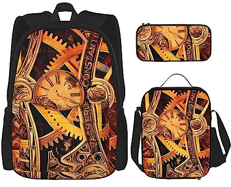 Cooler Steampunk Gears Rucksack 3-Teilig Schulranzen mit Brotdose und Federmäppchen Set > Geeignet für Jungen und Mädchen, Schwarz , Einheitsgröße, Kinderrucksack