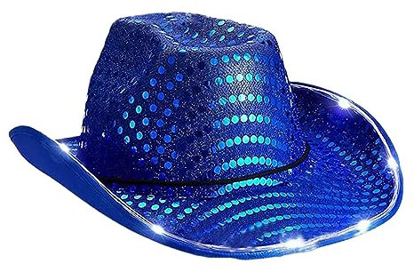 Halloween Hut halloween kostüm damen halloween 2 Rosa Western-Cowboyhut für Damen mit gefiedertem Silberrand und beleuchteter Krempe, stilvolles und auffälliges Accessoire Cowboy (Blue, One Size)