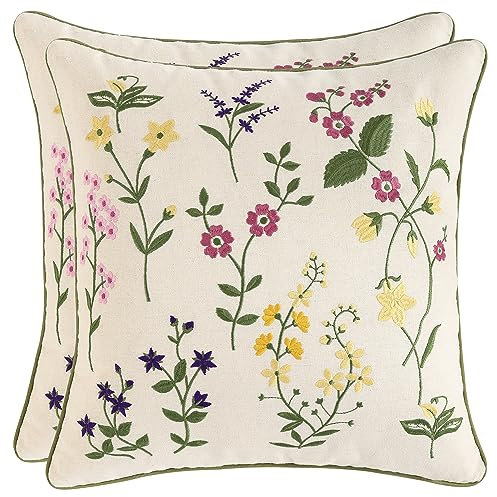 Tosleo 2 Stück Set kissenbezüge Bestickte Dekorative Rosa und Gelbe Kleine Blüten 45x45cm Wurfkissenbezüge für Gartenlounge Sofa Dekokissen Wohnzimmer Schlafzimmer