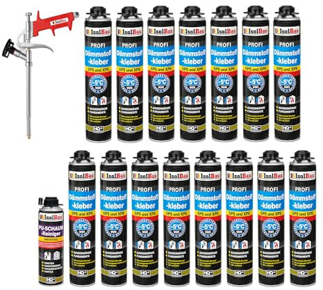 Isolbau B2 Dämmstoffkleber SET - 15 x 750 ml Perimeterkleber, 1 x PU-Schaum-Reiniger & 1x Schaumpistole für EPS & XPS-Platten - 1K PU-Klebeschaum für Fixieren & Befestigen