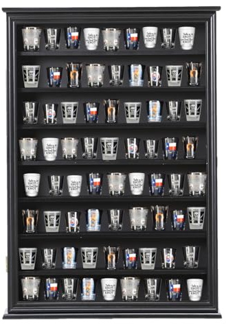 Shot Glass Storage Display Case Large Solid Wood Cabinet Rack Holder Wall Mounted Black Shadow Box Lockable with UV Protection Acrylic Glass Door, 24.5H x19.5W x3.5D, Store Up to 72 Shot Glasses!