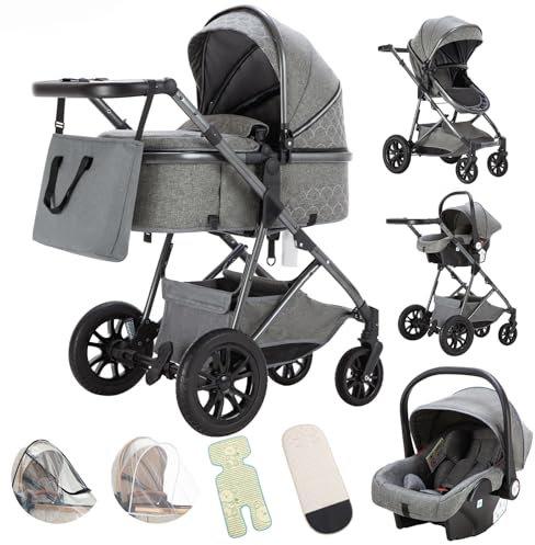 Gcarebb Kinderwagen 3 in 1, Kinderwagen Buggy Mit Auto Babyschale, Mit Höhenverstellbarer Kinderwagen Komplettset, KombiKinderwagen für Neugeborene 0 bis 3 Jahre (DunkelGrau)