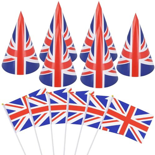 Union-Jack-Flaggen, Hüte für Männer, Frauen, Erwachsene, Kinder mit kleinen Union-Jack-Flaggen auf Stöcken, Union Jack, Partyhüte, Union Jack, Handflaggen auf Stäbchen, britische Flagge, Handheld, für