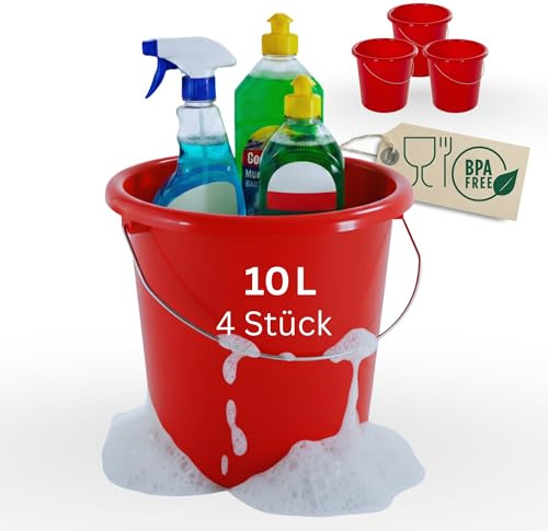 Novaliv Stück Eimer 10L Rot mit Maßeinteilung Putzeimer 10 Liter 28,5 cm Praktischer Allrounder mit Skala für Haushalt Garten ideal als Haushaltseimer, Wassereimer, Wischeimer, Bucket