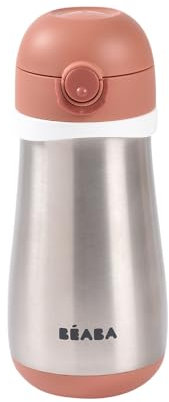 BÉABA, Cantimplora Infantil Acero Inoxidable 2 en 1, Función Cantimplora/Vaso, Pulsador para Facilitar la Apertura, Sólido, Saludable, Asas extraíbles, Conservación de Frío/Calor, 350 ml, Terracota