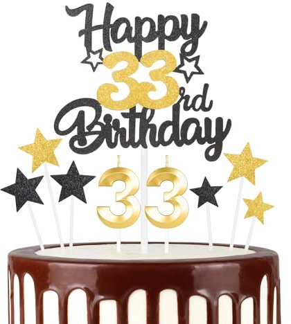 Gold 33th Birthday Decorations, Gold Black 33th Birthday Cake Topper, 33th Birthday Candle for Men Women, Gold Party Candles, Gold Black Birthday Party Celebrations Supplies,3D Gold Number 33 Candles