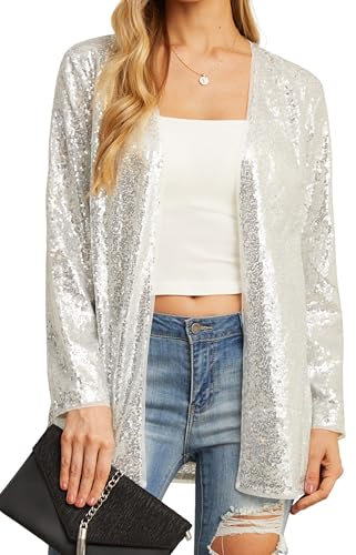 QIXING Women's Cardigans Sequin Sparkle Lightweight Long Sleeve Cardigan Casual Party Clubwear Cover Up Glitter Sequin Jacket(Silver, M)