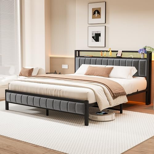 MOFLUT King Size Bed Frame with Upholstered Headboard, Wooden Storage Headboard Shelf, 5ft Upholstered Bed Frame Kingsize with Charging Station/USB Ports and LED Lights (Gray King Bed)