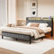 MOFLUT King Size Bed Frame with Upholstered Headboard, Wooden Storage Headboard Shelf, 5ft Upholstered Bed Frame Kingsize with Charging Station/USB Ports and LED Lights (Gray King Bed)