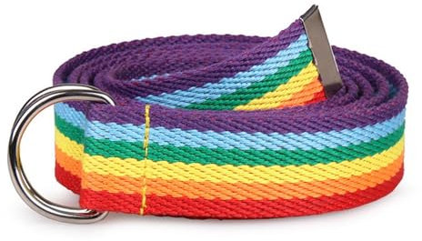 D-Ring-Gürtel - Lässiger Stoffgürtel mit Doppel-D-Ring, Segeltuchgewebe, Kariertes Design in Regenbogenfarben mit Silberfarbener Schnalle, Weicher Taillengürtel für Hosen