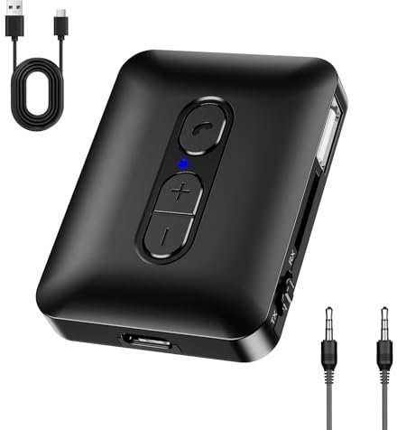 OQIMAX Bluetooth 5.4 Adapter Transmitter für Audio, 2 in 1 Bluetooth Sender Empfänger Aux Klinke 3.5mm Adapter Low Latency, Unterstützt TF-Karte & USB Play, Freisprechanrufen (Typ-C Aufladung)