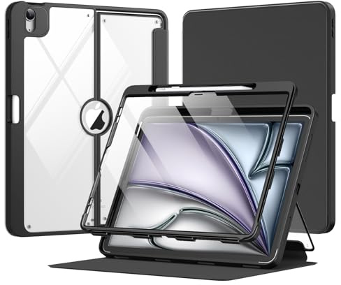 MoKo Coque pour iPad Air 13 M2 2024 avec Porte-Crayon, iPad Air 13, Protection d'écran intégrée, iPad Air 13 avec Dos Transparent et Support magnétique Multi-Angle, Noir