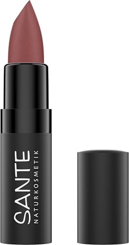 SANTE Naturkosmetik Ultra Matt Lipstick 04 Sheer Rosewood, pudrig-matter Lippenstift in Rosébraun für ein natürliches Finish, Lippenpflege mit Squalan und Hyaluron, 4,55g