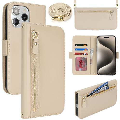 Lipvina Coque en Cuir Premium pour iPhone 15 Pro Max - Étui Portefeuille avec Sangle Réglable, Porte-Cartes, Protection Complète et Design Élégant - Mi Blanc