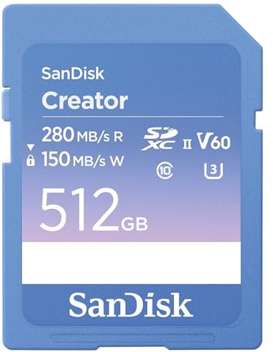 SanDisk Creator Tarjeta SD UHS-II 512 GB (para DSLR y Mirrorless-Cámaras, 6K Video, V60, UHS-II, Velocidades hasta 280 MB/s, RescuePRO Deluxe, Un mes a Adobe Creative Cloud)