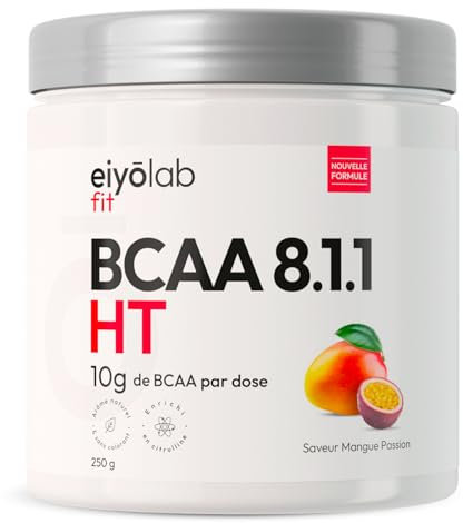 BCAA 8.1.1 | Acides Aminés en Poudre | 8g de Leucine + 1g de Citrulline & AstraGin® | Construction et Récupération Musculaire | Efficace Contre l’Acide Lactique | Mangue Passion 250g | Eiyolab