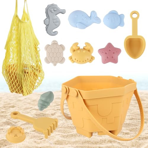 SKIKHN Jouet de Plage Enfant,Ensemble de Jouets de Plage pour Enfants en Silicone,Jouet de Sable avec Sac en Filet,Kit de Jeu de Plage Enfant avec Seau,Bêche,et Moules pour Animaux,pour Jardin Plage