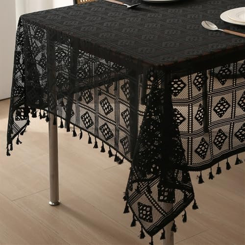Reyox Tischdecke Plaid mit Quaste, Abwaschbar Tischtuch für Wohnzimmer, Esszimmer, Balkon, Garten Schwarz 140 x 300 cm Rechteckig
