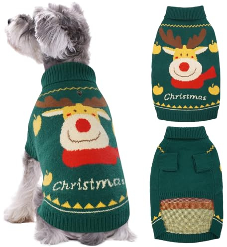 Kuoser Hundepullover Weihnachten, Warmer Strickpullover für Hunde Welpen, Weiche Winter Hundekleidung, Festlicher Rentier Motiv Weihnachtspullover für Kleine & Mittelgroße Hunde, Grün L
