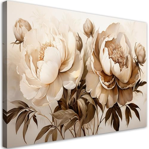 Feeby Wandbilder - Bilder Schlafzimmer - Pfingstrosen Blumen in Beige - 90x60 1tlg - Wohnzimmer Bild Groß - Wohnungs - Foto Geschenk - Leinwand Wall Art - Wand Deko