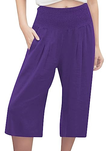 Pantacourt Femme Grande Taille Décontractée 7/8 Bermuda Pantalon en Lin Jupe Culotte Fluide Été Elastique avec Poches Coton Vêtement Chic Elegant Pants De Plage Ample Ete Jean