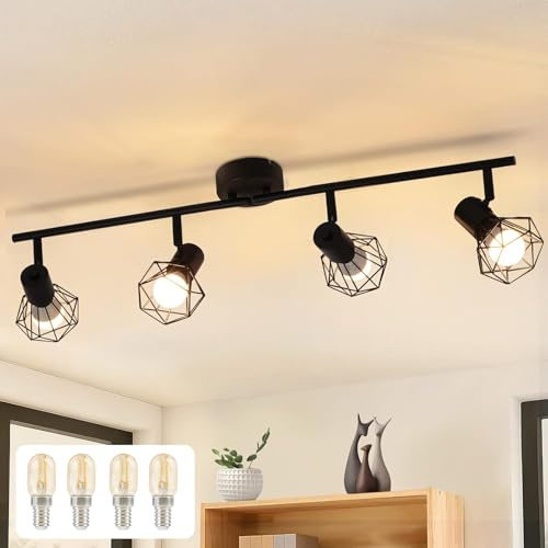 Glitzerlife Deckenstrahler 4 Flammig Deckenlampe Schwarz Deckenspots | Vintage Retro E14 Industrie Schwenkbar 350°Deckenleuchte Metall Innen für Wohnzimmer Schlafzimmer Küche Mit Leuchtmittel
