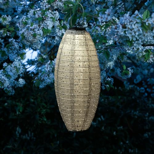 LED Solar Lampion mit Blumenmuster oval 40cm für Party Balkon Terrasse outdoor Gartenlampion mit Sensor wetterfeste Solarlampe hängend Laterne (beige - 1 Stück (oval))