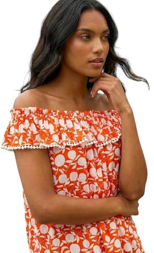 Roman Originals Printed Bardot Trim Detail Top for Women UK - Ladies Everyday Holiday Spring Summer Comfy Soft Evening Vacation Work Party - Orange - Size 14