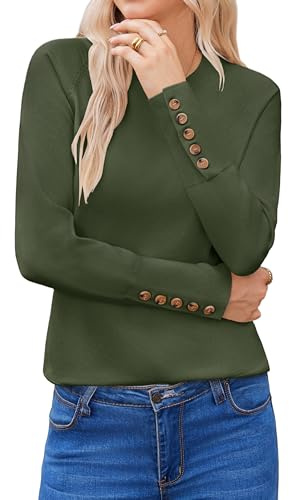 Hotouch Maglione da donna, elegante, a maniche lunghe, girocollo, lavorato a maglia, per autunno e inverno, tinta unita, verde militare, M