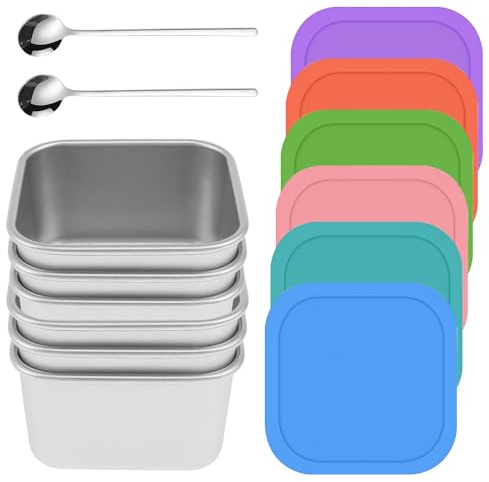 Woobroo 6 Pcs Snack Pots, 180ml Stainless Steel Food Containers with Silicone Lids, Reusable Leak-Proof Snack Box for School, Work, Travel