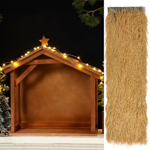 Lineshading Weihnachtskrippe, Stall, Holzkrippe und Stroh, Gras, Dachdekoration mit Dach, 44 x 40 x 15 cm, Krippe, Stall, Heimschreibtischdekoration für Heilige Familie, Holz-Krippe, Tischdekoration
