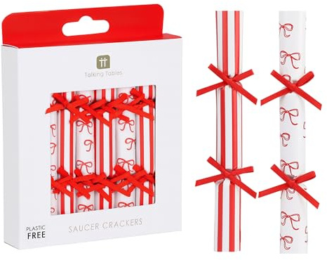 Talking Tables 8 x Mini Saucer Christmas Crackers - Candy Cane Red & White, Jokes, Charades & Conversation Starters, Festive Table Decorations, 13 cm, Plastic Free