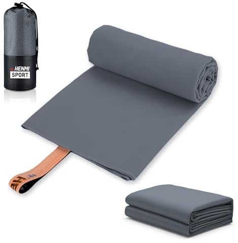 HENMI Mikrofaser Handtuch Grau 50x100CM,Schnelltrocknend Fitness Handtücher | Saugstark,Kompakt&Leicht,Hautfreundlich,Mit atmungsaktivem Netzbeutel,für Reisen,Sport,Fitness,Gym und Alltag