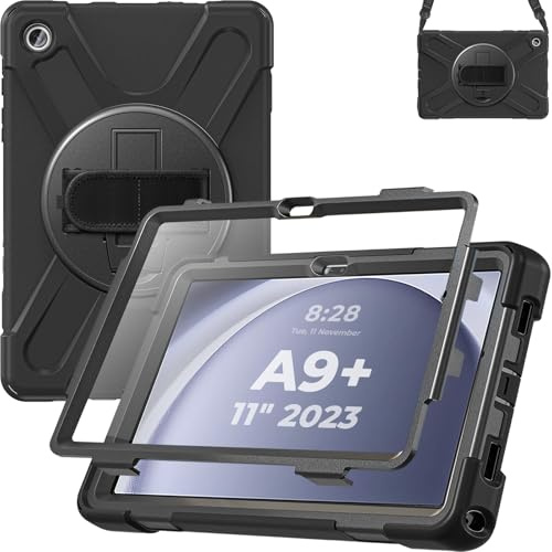 Case for Galaxy Tab A9 Plus Case 11 Inch 2023, Full-Body Shockproof with Screen Protector, 360° Rotating Stand & Hand Strap, Carrying Strap (Black)