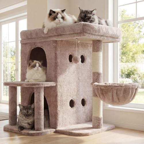 Heybly Arbre à Chat, Tour de 65 cm pour Grands Chats avec Plateforme Spacieuse, Cabines Double Couche, Poteaux à Griffes en Sisal, Panier Confortable et Pompon, Marron Beige HCT204SMU