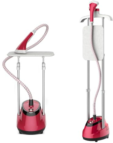 Upright Steamer for Clothes 1800W Turbo Boiler Standing Garment Steamer 1.6L Water Tank 1h Continuous Steam Flat&Hanging Ironing Double Retractable Rod 10 Modes 30s Fast Preheat for all Fabrics (RED)