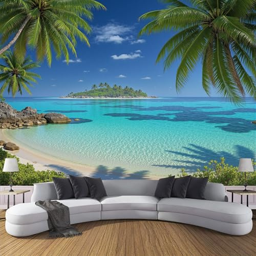 Fototapete Tropischer Strand 250x175cm Schlafzimmer Wohnzimmer Seide XXL Wandtapete Urlaubsstil Fototapeten Bildtapete 3d Effekt Wand Dekoration, Azurblau