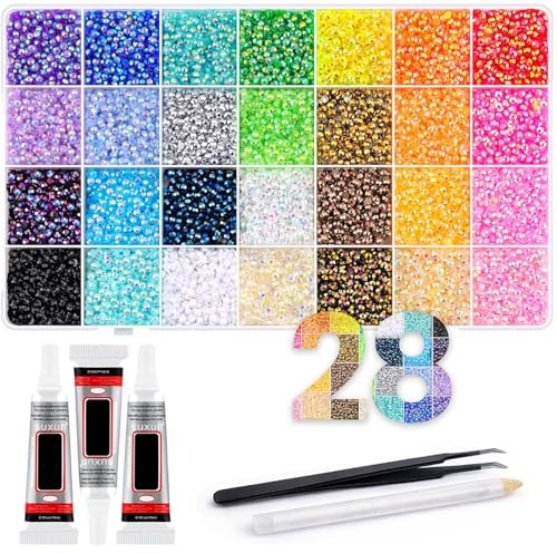 Bedazzling Kit Strass à Coller 32000 Pièces, 3mm Strass en Résine à Dos Plat avec 3 Colles et Outils, 40 Couleurs pour Travaux Manuels, Vêtements, Tasses, Nail Art (28 color 30000pc)