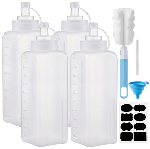 Happybase 4 Stück 33oz Quetschflasche, 1000ml Plastik Squeeze Flasche für Ketchup Soßen OlivenölQuetschflasche, 1000ml, 4 Stück