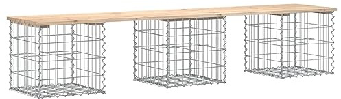 fadaoet Gabion Garden Bench with Solid Pine Seat 203 x 44 x 42 cm Galvanised Steel Robust for Garden Patio and Outdoor Use Compact and Stable