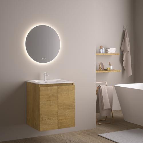 Feel Your Bath Mueble de Baño Wolf 60 cm Marrón Madera con Encimera Cerámica y Espejo Redondo LED Antivaho, Lavabo Incluido, 2 Cajones Soft Close, Diseño Suspendido y Compacto para Baños Pequeños